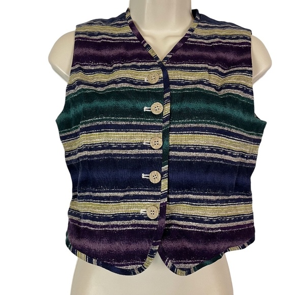 VALERIE STEVENS PETITES PURE 100% LINEN Purple Teal Button Down Vest VINTAGE  2 - Picture 1 of 16